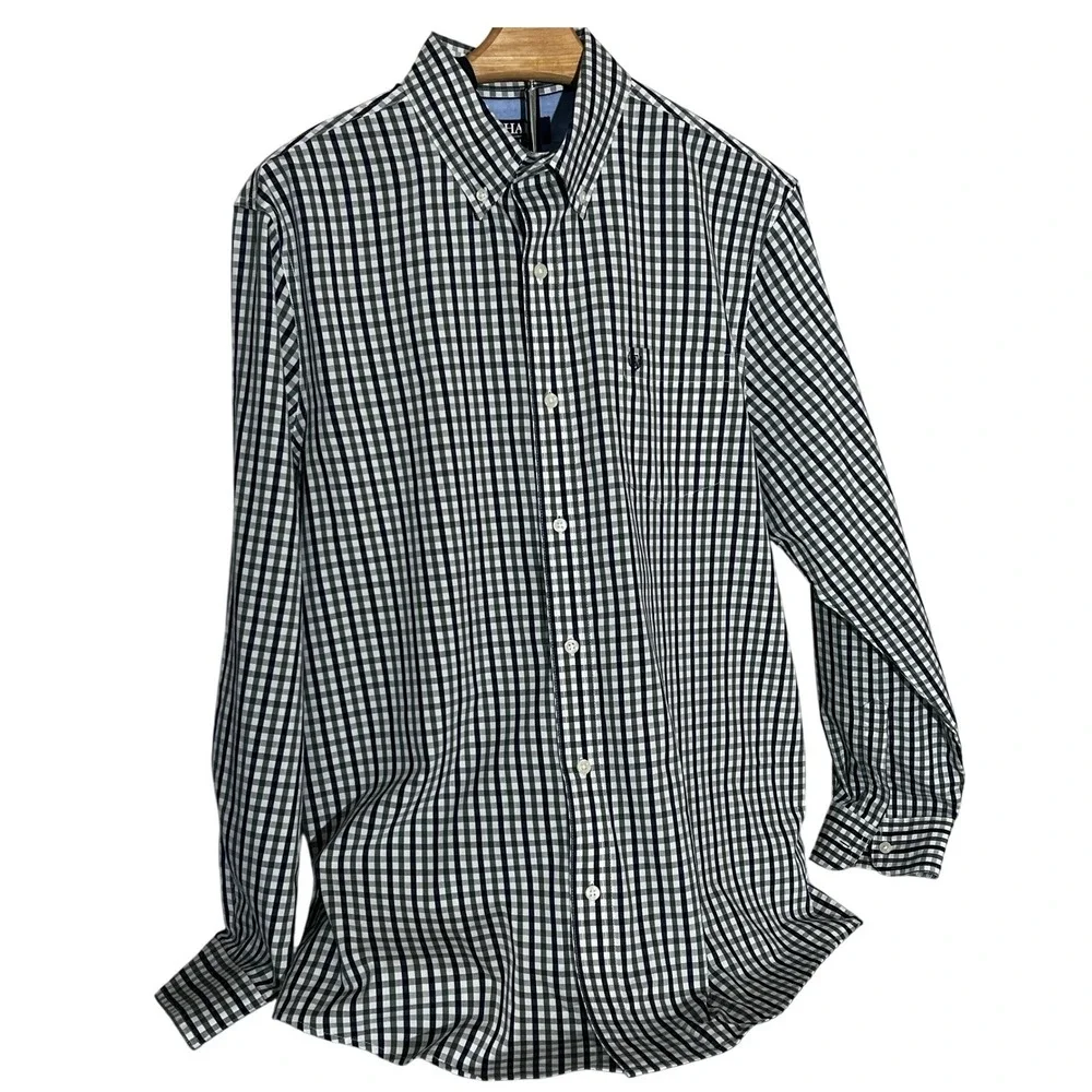 Chaps Mens Long Sleeve Gingham Button‎ Down Shirt LG Stretch Easy Care Casual